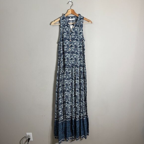 Mango Floral Paisley Print Button Up Tiered Maxi Dress Women's 2 Blue White NWT - Picture 3 of 16